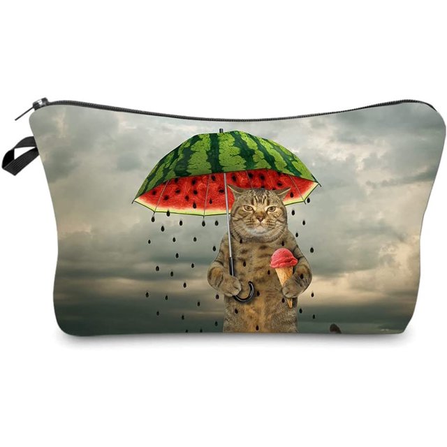 Cosmetic Bags for Women Small Funny Cat Holding Watermelon Umbrella Ice
