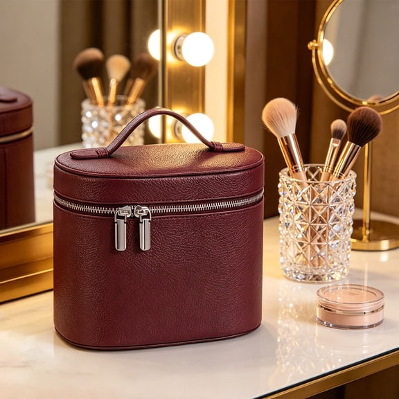 Cosmetic Case, Leather Makeup Bag, Portable Handheld Makeup Case, Detachable Compartments