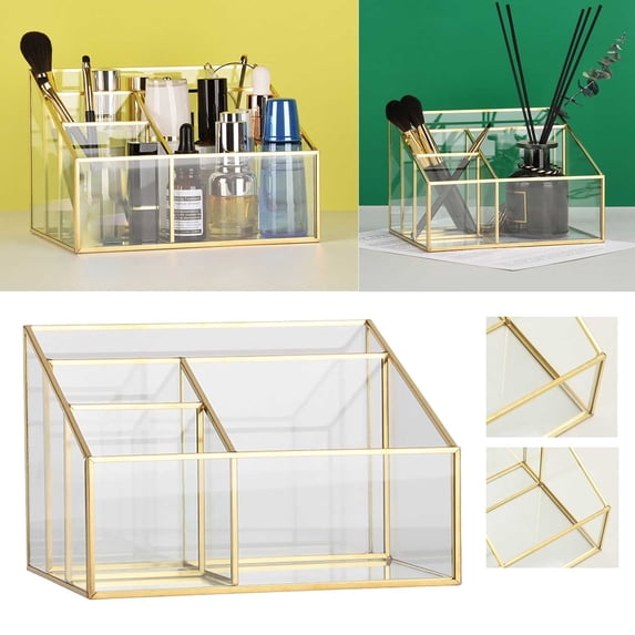 Cosmetic Glass Makeup Organizer Gold Cosmetic Storage Display with Multiple Compartments for Brushes Lipstick Perfume and Concealers Easy Visibility for Bedroom Bathroom