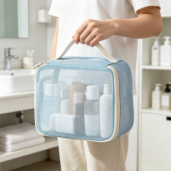 Cosmetic Hand Bag,Spacious Portable Beauty Organizer Smooth Waterproof Surface,Travel Cosmetic Carrier for Daily Outing Weekend Short Journey(Blue)