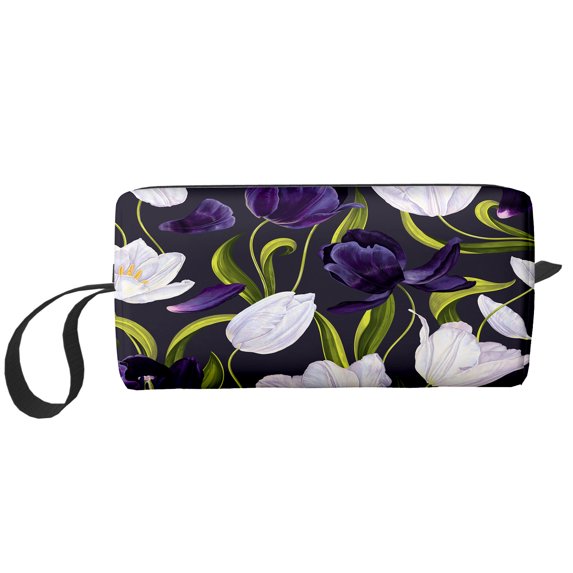 Cosmetic Makeup Bag White Purple Tulips Flowers And Green Leaves For Women Small Toiletry Receive Bags Travel Purse Portable Pencil Case Pouch Storage Organizer