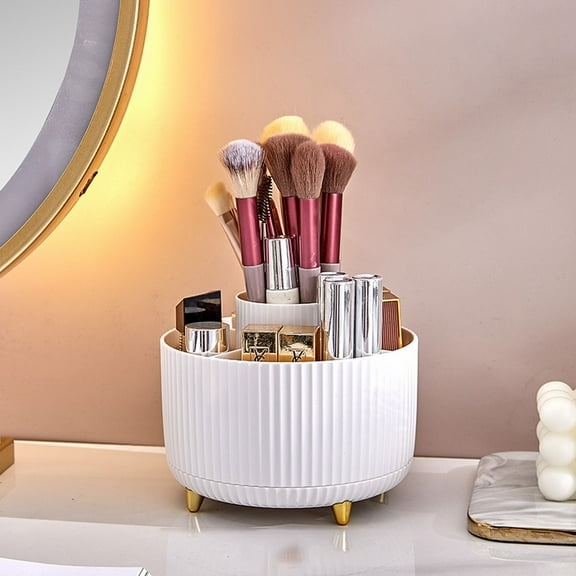 Cosmetic Makeup Brush Holder Organizer 360° Rotating Storage Solution for Vanity Bathroom Countertops Desk Display 5 Slot Makeup Brushes Cup