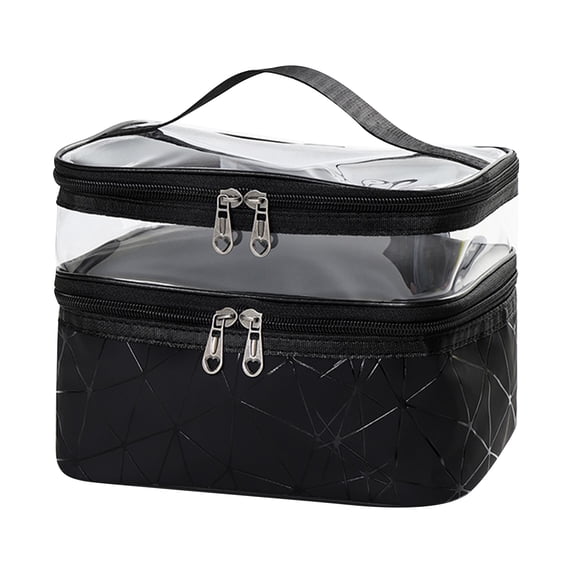 Cosmetic Organizer, Black Vinyl Double Deck Travel Cosmetics Bag, Clear Makeup Organizer with Adjustable Handle, Airport Approved Carry on Toiletries Bag, 9X7X6 Dimensions, Heart