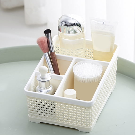 Cosmetic Organizer Box with Dividers, Desktop and Bathroom Storage Basket for Makeup Brushes and Cotton Swabs, Plastic Organizer with Hollow Design, Home and Office Desk Organizer Gift