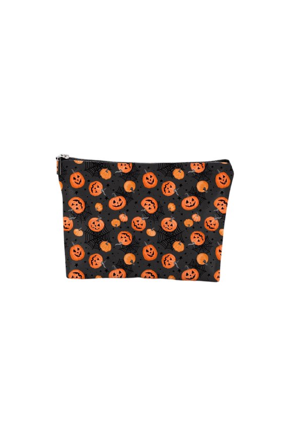 Cosmetic Organizer | Canvas Zipper Small Pouch with Jack O Lantern Pumpkin Spiderweb Print | Halloween Travel Toiletry Bag | Halloween Gift for Halloween Party