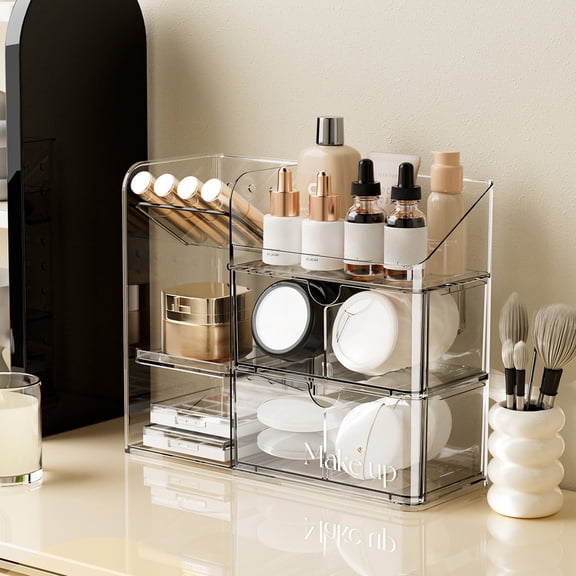 Cosmetic Organizer with Drawers, Clear Acrylic Makeup Storage Box for Vanity, Multilayer Desktop Shelf for Skincare & Beauty Tools, Dustproof Dresser Organizer