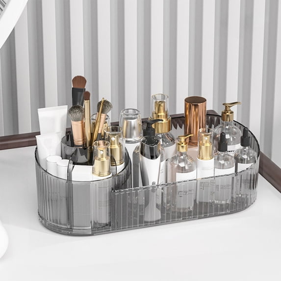 Cosmetic Organizer, Rotating Storage Tray, Gray Plastic Vanity Organizer, 360-Degree Spinning, No Assembly Required, for Bathroom Countertop and Desktop Dressing Table, Home Use