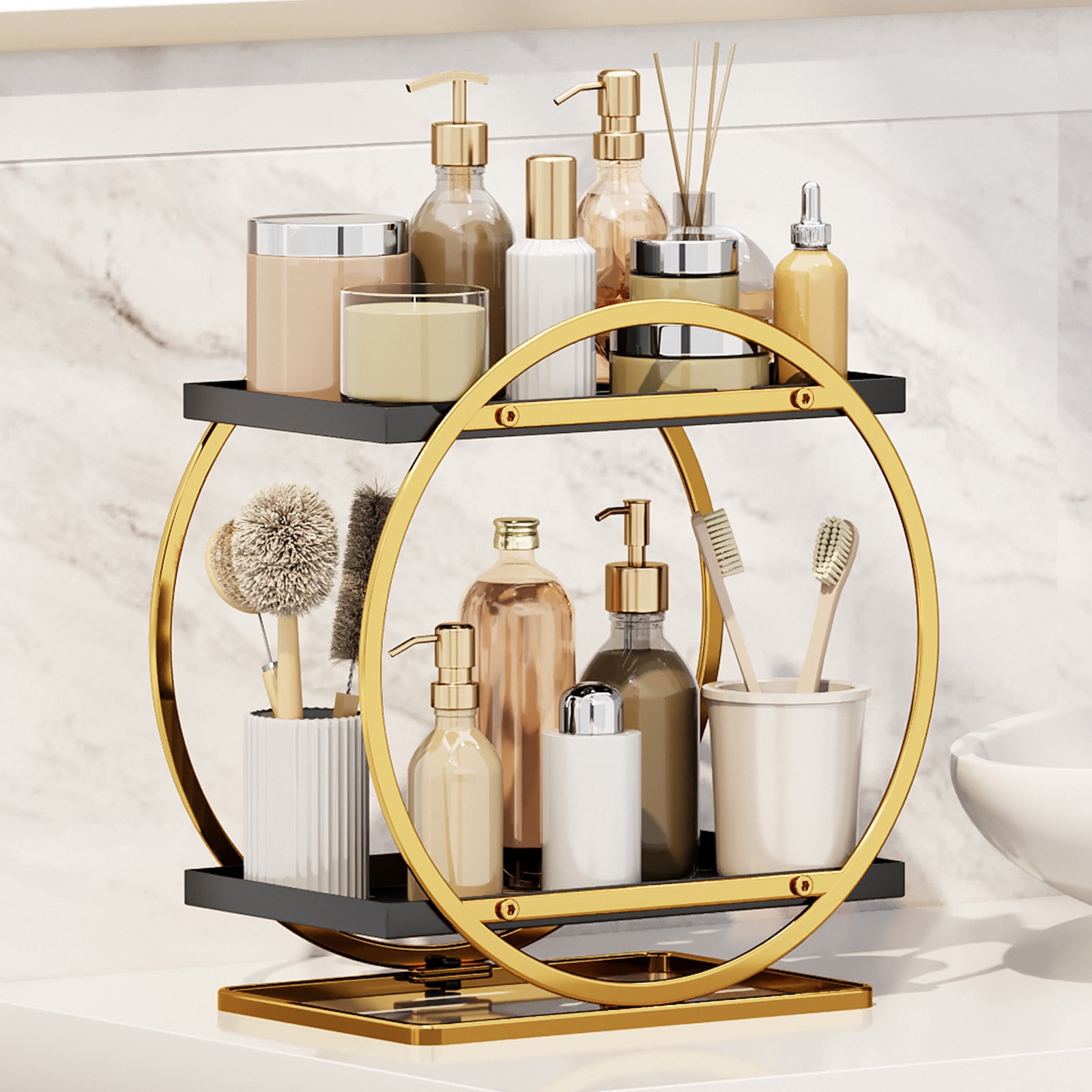 Cosmetic Organizer Storage Shelf, Multi-tier Open Design, Gold Stainless Steel, Countertop Vanity Tray, Bathroom Kitchen Dresser Decor, Topliu
