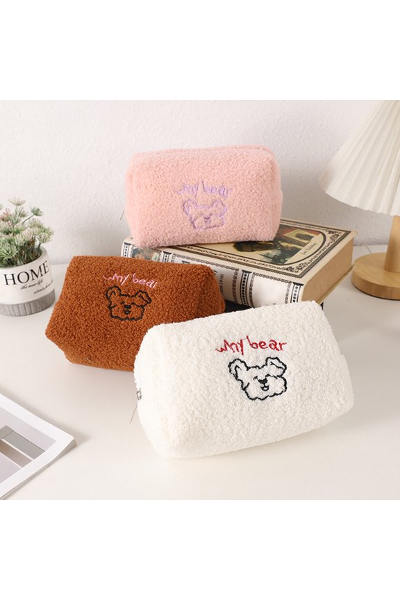Cosmetic & Pen Storage Bag, Soft Velvety Exterior Makeup Pouch, Large Capacity Organizer for Toiletries Campus Essentials, Cute Accessory