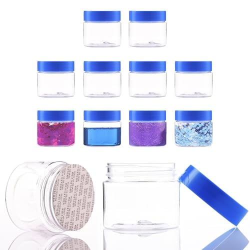 Cosmetic Plastic Jars with Lids and Liners - 2 oz Small Travel Jars - 12 Pack Clear Plastic Containers for Cream Makeup Lotion - Leak Proof - Blue Lid