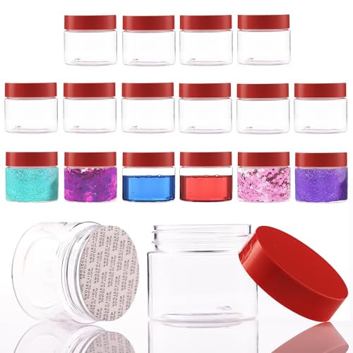 Cosmetic Plastic Jars with Lids and Liners - 2 oz Small Travel Jars - 18 Pack Clear Plastic Containers for Cream Makeup Lotion - Leak Proof - Red Lid