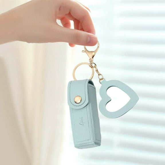 Cosmetic Portable Lip Gloss Keychain Holder Mini PU Leather Lipstick Travel Storage with Heart Pendant for Stylish Women and Girls