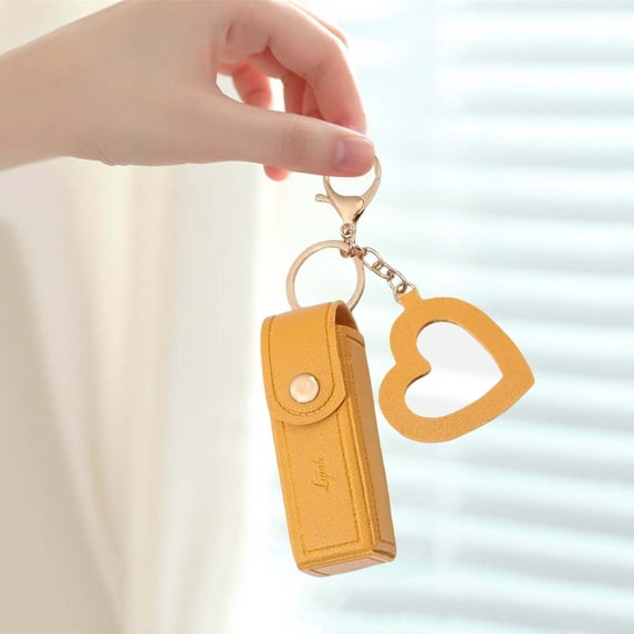 Portable Lip Gloss Keychain Holder with Mini PU Leather Lipstick for Travel - Multifunctional Cosmetic with Heart Pendant for Easy Makeup Storage - Ideal for Women