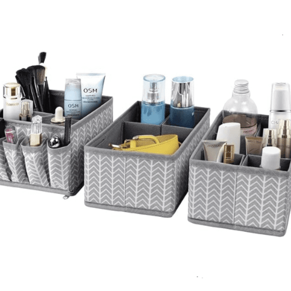 Cosmetic Storage Bins Makeup Organizer, Adjustable Multifunction Storage Box Desk Drawer Divider for Makeup Brushes, Bathroom Countertop or Dresser, Set of 3 (Grey)