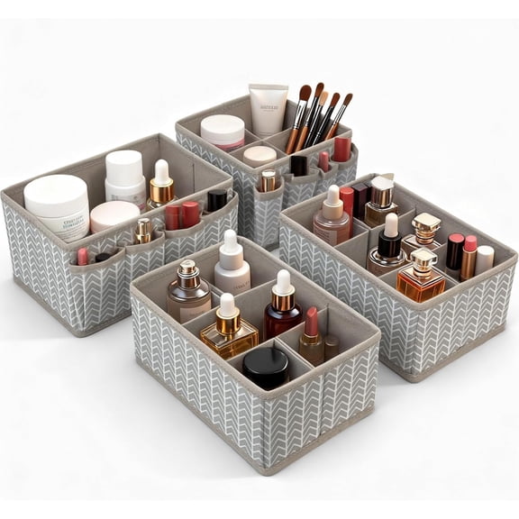 Cosmetic Storage Bins Makeup Organizer, Adjustable Multifunction Storage Box Desk Drawer Divider for Makeup Brushes, Bathroom Countertop or Dresser, Set of 4 (Grey)