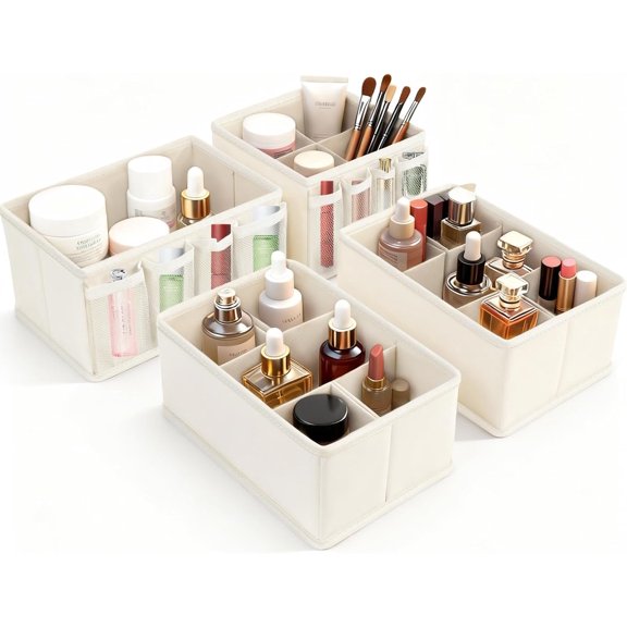 Cosmetic Storage Bins Makeup Organizer, Adjustable Multifunction Storage Box Desk Drawer Divider for Makeup Brushes, Bathroom Countertop or Dresser, Set of 4