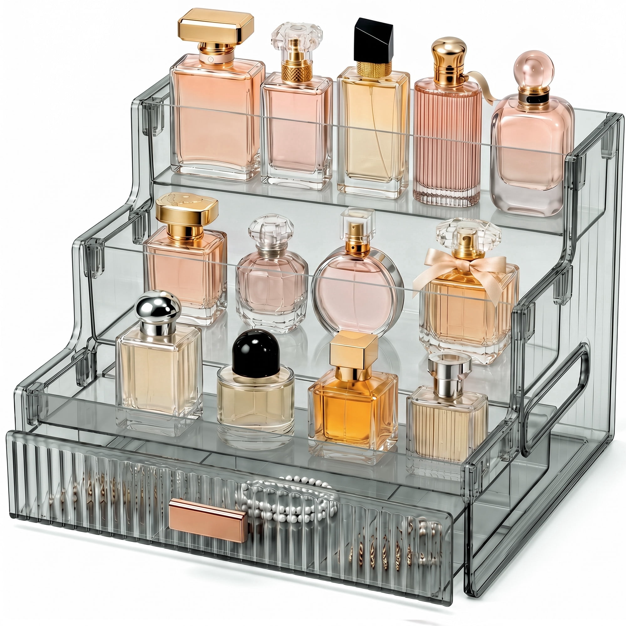 Perfumer Drawer KQJS 3-Tier Makeup Organizer with Drawer, Acrylic Perfume Display Stand ...