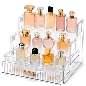 Makeup Organizer for Vanity with Drawer, 3-Tier Perfume & Skincare Display Stand, Countertop Storage for Nail Polish, Spices, Figures & Beauty Essentials, Clear