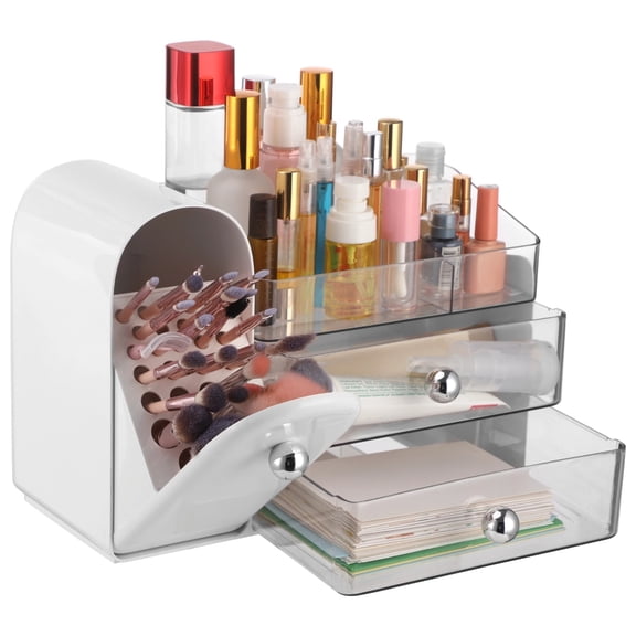 Cosmetic Storage Box with Makeup Brush Holder, Multi-Functional Makeup Organizer, Countertop Large Cosmetic Display Case with 2 Drawers for Vanity, Dresser