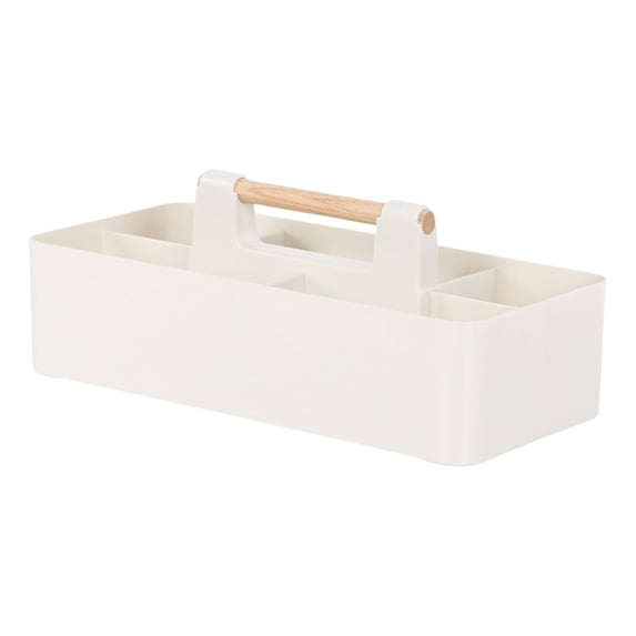 Cosmetic Storage Box Plastic Desktop Organizer with Wooden Handle and Multiple Compartments 32 cm x 15 cm x 8 cm