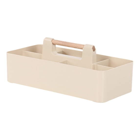 Cosmetic Storage Box Plastic Desktop Organizer with Wooden Handle and Multiple Compartments 32 cm x 15 cm x 8 cm