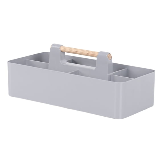 Cosmetic Storage Box Plastic Desktop Organizer with Wooden Handle and Multiple Compartments 32 cm x 15 cm x 8 cm