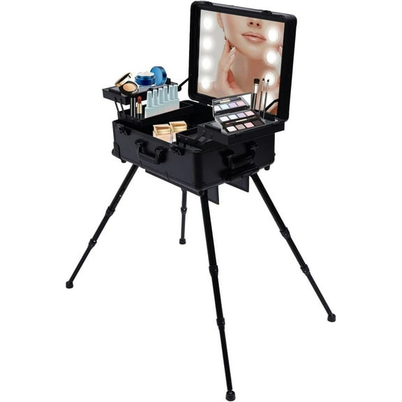 Cosmetic Train Case with Lights and Mirror, Pro Makeup Station Adjustable Height Cosmetic Trolley Organizer for Artists and Salons