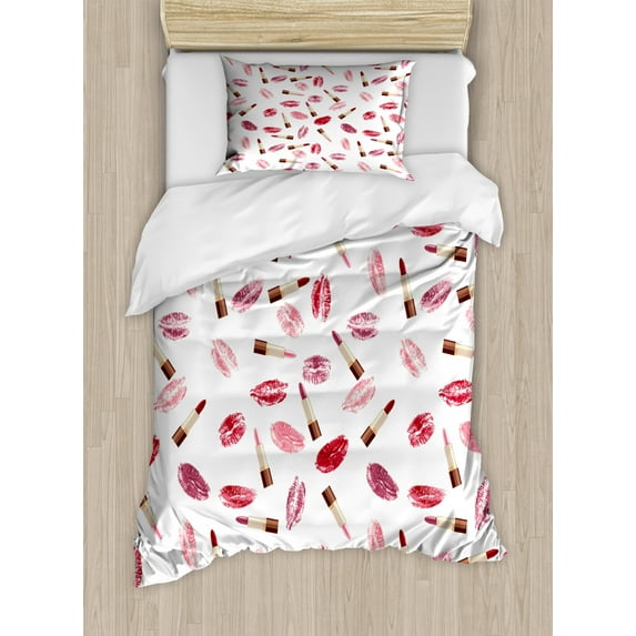 Cosmetics Duvet Cover Set, Beauty Theme Pink and Burgundy Lipstick and Kiss Pattern Makeup Concept, Decorative 2 Piece Bedding Set with 1 Pillow Shams, Twin Size, Burgundy and Pink, by Ambesonne