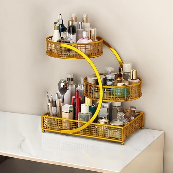 Cosmetics Organizer, 3 Tier Vanity Counter Storage Rack for Lipstick Skincare Brushes, Compact Space Saving for Bedroom Bathroom Desk 13 Inch Gold