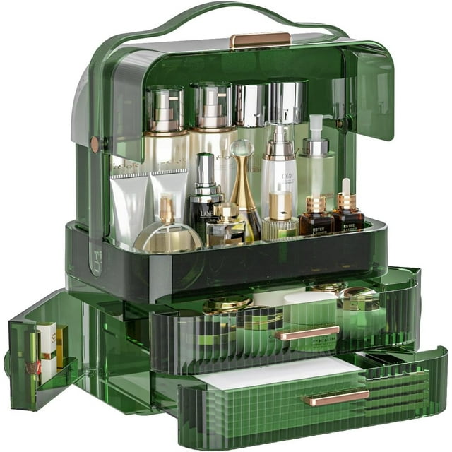 Cosmetics Storage Box Transparent Lid Large Makeup Organizer Box Drawers Portable Handle Waterproof Dustproof Skincare Display Cases for Countertop, Bathroom, Dresser,Gift Clear Green