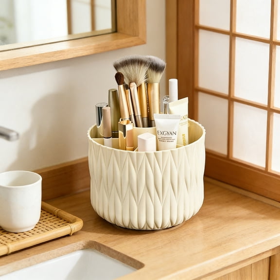 Cosmetics Storage Box with Rotating Pen Holder, Luxe Plastic Makeup Organizer & Brush Display