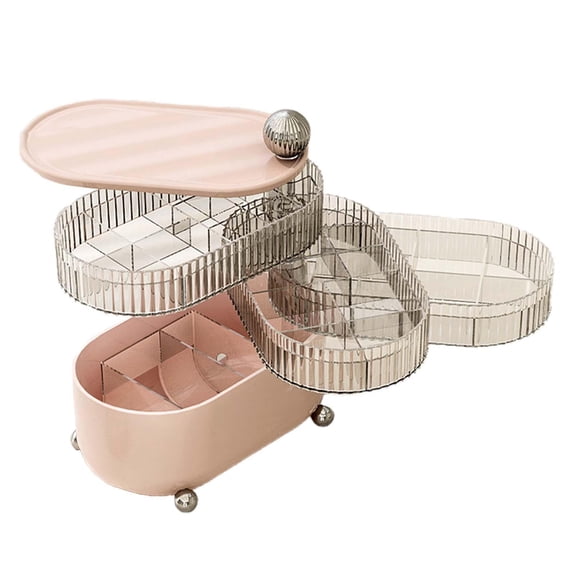 Cosmetics Tray with Lid Cosmetics Storage Vanity Shelf Partitioned Box with Lid 360 degree Rotating Makeup Organizer for Vanity Desk Perfume Pink 4 Layer