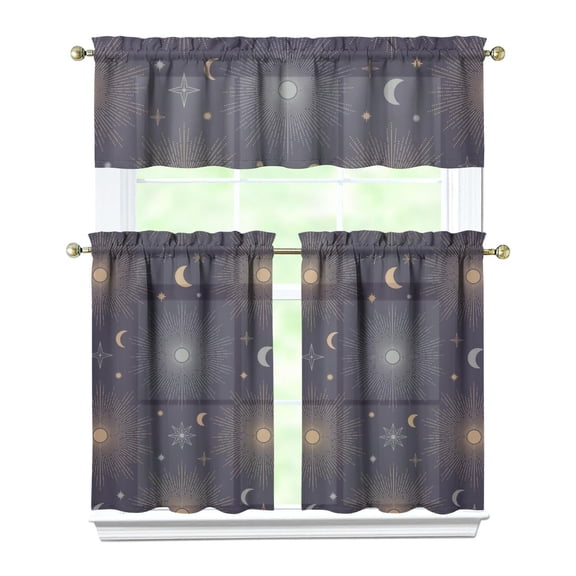 Cosmic Aesthetic Kitchen Window Curtains 3PC - Mystical Sun Moon Astrology Design Rod Pocket Short Curtains Set