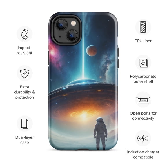 Cosmic Astronaut Phone Case –Futuristic with UFO & Galaxy Durable and Protective (Glossy, iPhone 14 Plus)