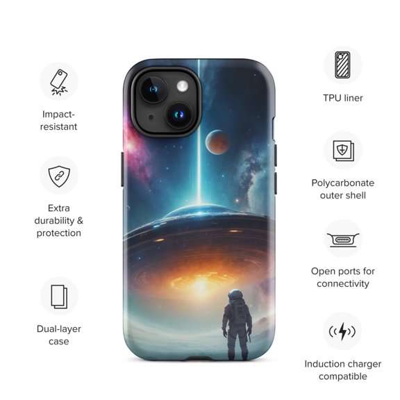 Cosmic Astronaut Phone Case –Futuristic with UFO & Galaxy Durable and Protective (Glossy, iPhone 15)