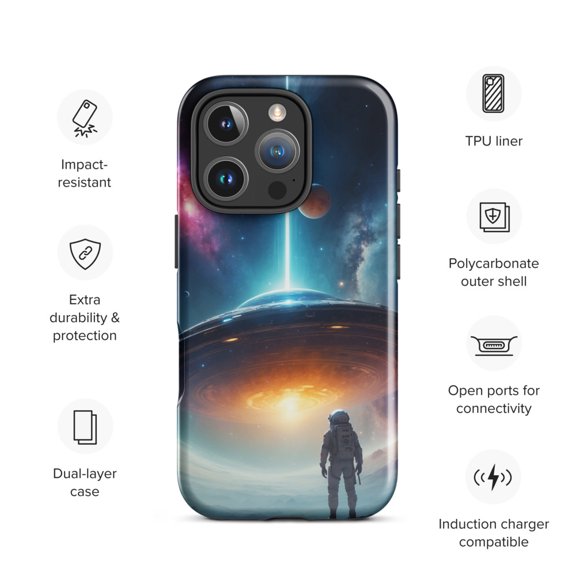 Cosmic Astronaut Phone Case –Futuristic with UFO & Galaxy Durable and Protective (Glossy, iPhone 16 Pro)