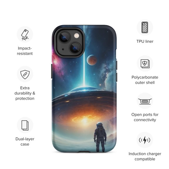 Cosmic Astronaut Phone Case –Futuristic with UFO & Galaxy Durable and Protective (Matte, iPhone 14)