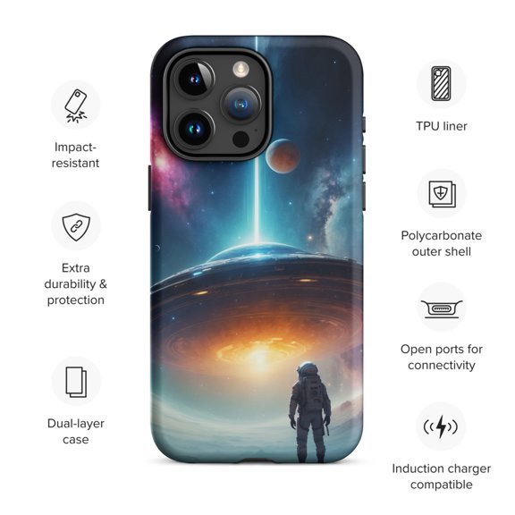 Cosmic Astronaut Phone Case –Futuristic with UFO & Galaxy Durable and Protective (Matte, iPhone 15 Pro Max)