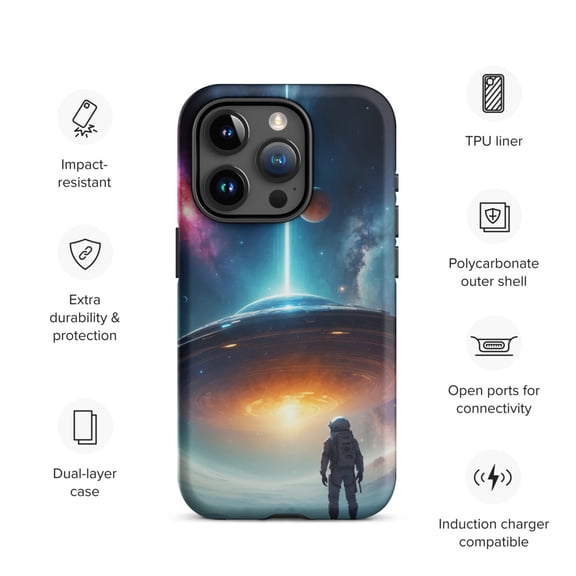 Cosmic Astronaut Phone Case –Futuristic with UFO & Galaxy Durable and Protective (Matte, iPhone 15 Pro)
