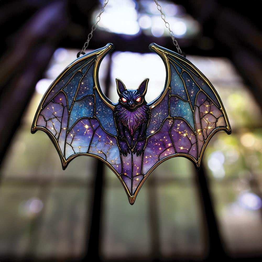 Cosmic Bat Suncatcher, Acrylic Window Hanging with Purple Galaxy Wings ...