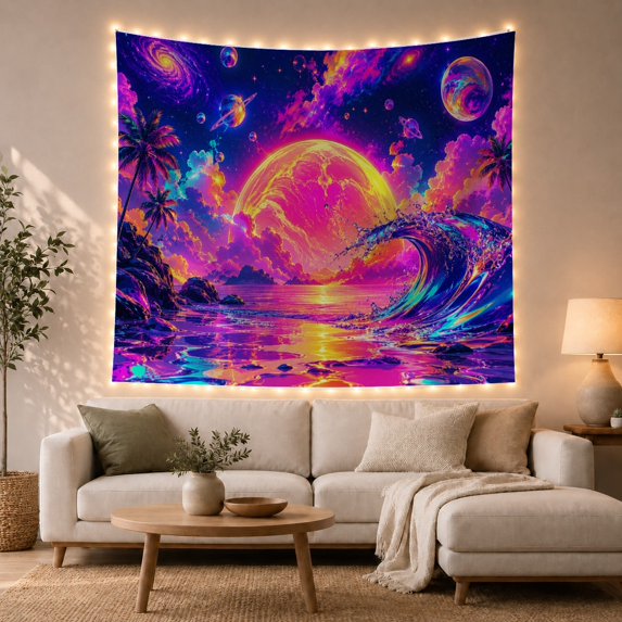 Cosmic Beach Wave Under Neon Planet, Adventurous Fantasy Style for Ocean Lovers, Psychedelic Wall Art, Housewarming Gift, Tapestry Wall Hanging for Bedroom and Dorm