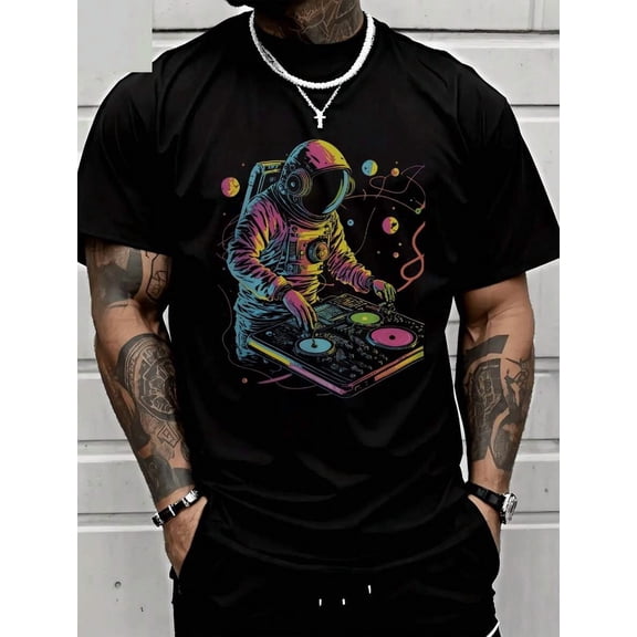 【Cosmic Beats】"Space DJ Astronaut" Graphic T-Shirt – Neon Psychedelic Streetwear Tee, Electronic Music Festival Top for Men & Teens