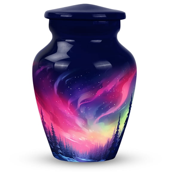 Cosmic Blaze over Snowy Pines - Urn For Human - Modern Tribute Urn - Contemporary Ashes Container - Sleek Design for Adults - 3 Inch, 1 Pc