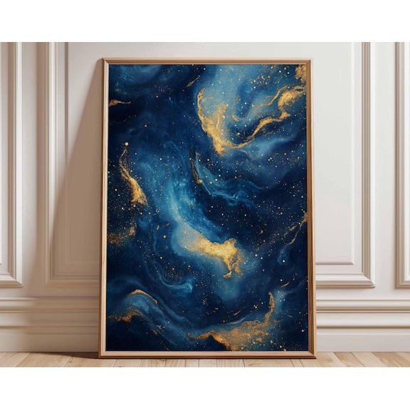 Cosmic Blue And Gold Abstract Space Inspired Golden Highlights Wall Art Print, Unframed Paper Poster 24x36in