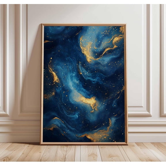Cosmic Blue Gold Abstract Space Inspired Galaxy Design Modern Art Unframed Paper Print