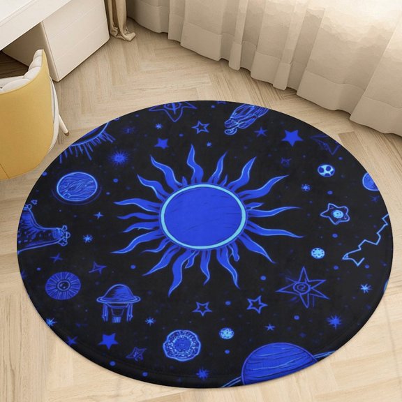 Cosmic Blue Sun Planets Stars Round Area Rugs for Bedroom Living Room, 5FT Soft Indoor Circle Carpets, Carpet Home Decor Floor Mat