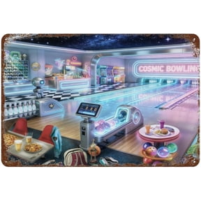 Cosmic Bowling Alley Neon Space Theme Metal Tin Sign 8x12 Inch Arcade Games Wall Decor Plaque Retro Futuristic Starry Ceiling Scene Wall Art for Home Game Room Cabin Decor
