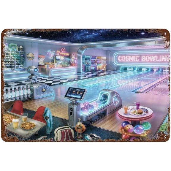 Cosmic Bowling Alley Neon Space Theme Metal Tin Sign 8x12 Inch Arcade Games Wall Decor Plaque Retro Futuristic Starry Ceiling Scene Wall Art for Home Game Room Cabin Decor