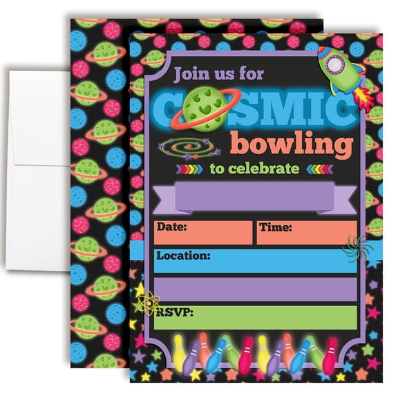 Cosmic Bowling Birthday Invitations for Kids, 20 Fill-In Cards with Envelopes, 5x7 Children's Birthday Party Invitations, Birthday Party Supplies, Made in USA by Amanda Creation