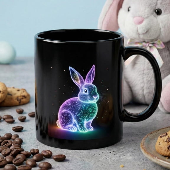 Cosmic Bunny Mug, Glowing Rabbit Coffee Cup, Galaxy Animal Lover Gift, Neon Starry Bunny Art, Magical Pet Mug, Mystical Celestial Cup